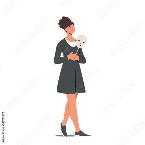 Woman Covering Face With Indifferent Mask Expressing Fake Emotion. Impostor Syndrome, Hypocrisy, Split Personality