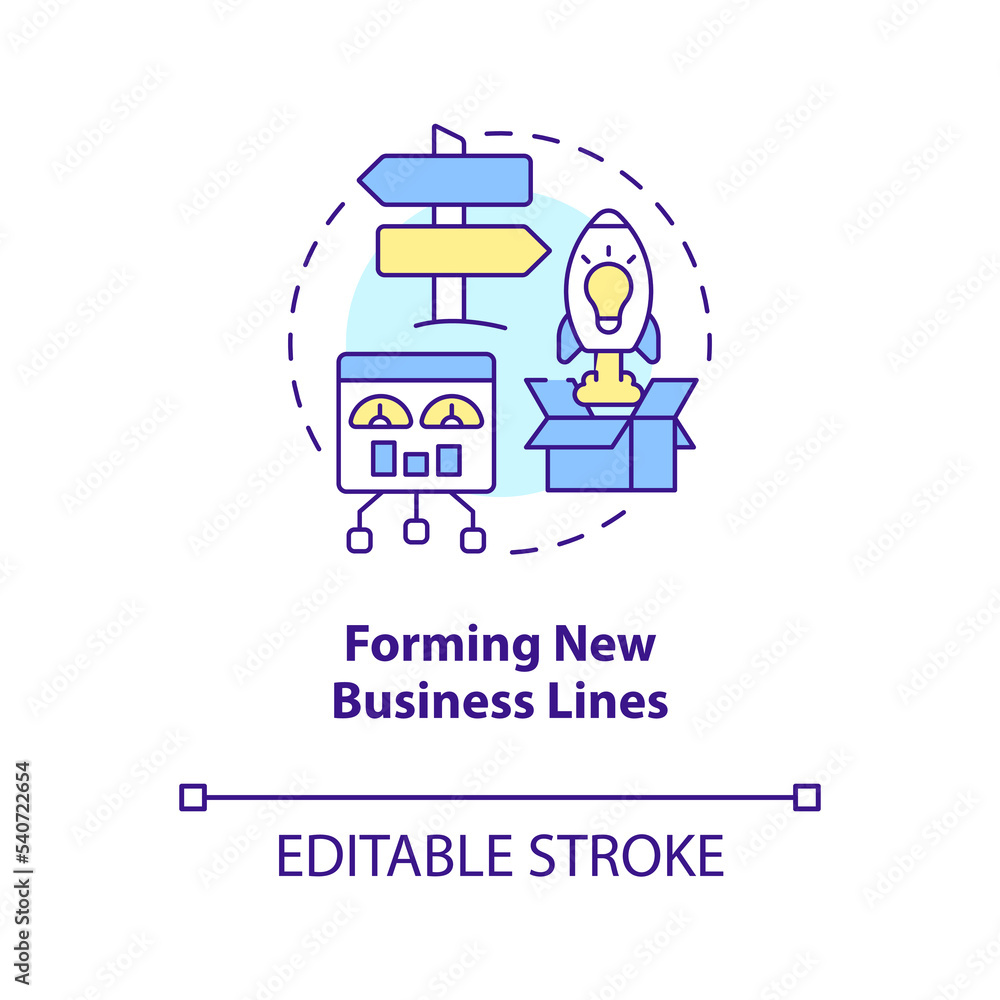 Forming new business lines concept icon. Provide innovations. Boost transformation abstract idea thin line illustration. Isolated outline drawing. Editable stroke. Arial, Myriad Pro-Bold fonts used Forming new business lines concept icon. Provide innovations. Boost transformation abstract idea thin line illustration. Isolated outline drawing. Editable stroke. Arial, Myriad Pro-Bold fonts used