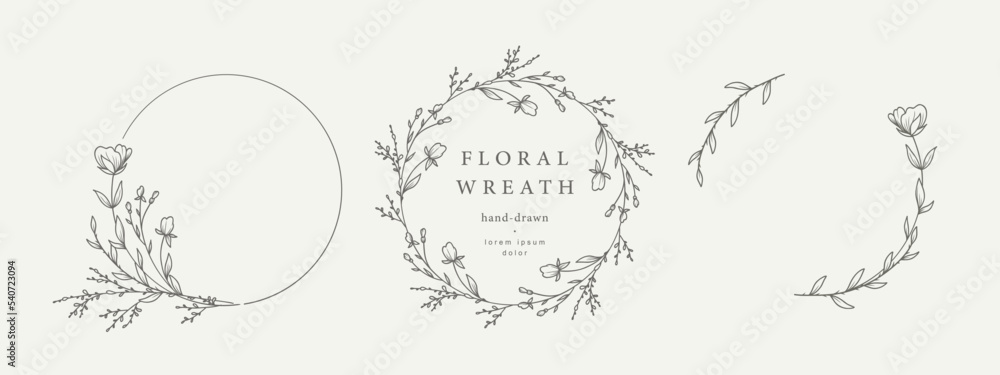 Hand drawn floral frames with flowers, branch and leaves. Wreath. Elegant logo template. Vector illustration for labels, branding business identity, wedding invitation Hand drawn floral frames with flowers, branch and leaves. Wreath. Elegant logo template. Vector illustration for labels, branding business identity, wedding invitation