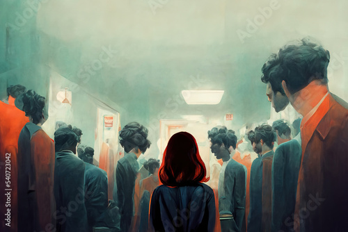 Woman suffering social anxiety attack. Ai generated art illustration