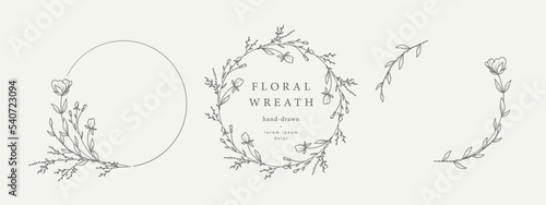 Hand drawn floral frames with flowers, branch and leaves. Wreath. Elegant logo template. Vector illustration for labels, branding business identity, wedding invitation