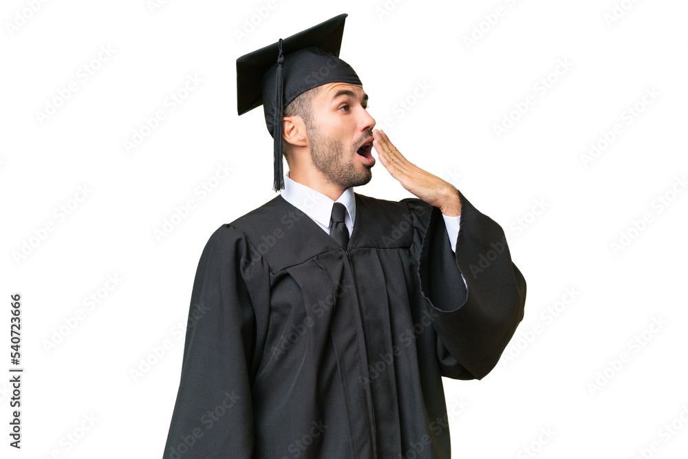 Young university graduate man over isolated background yawning and covering wide open mouth with hand Young university graduate man over isolated background yawning and covering wide open mouth with hand