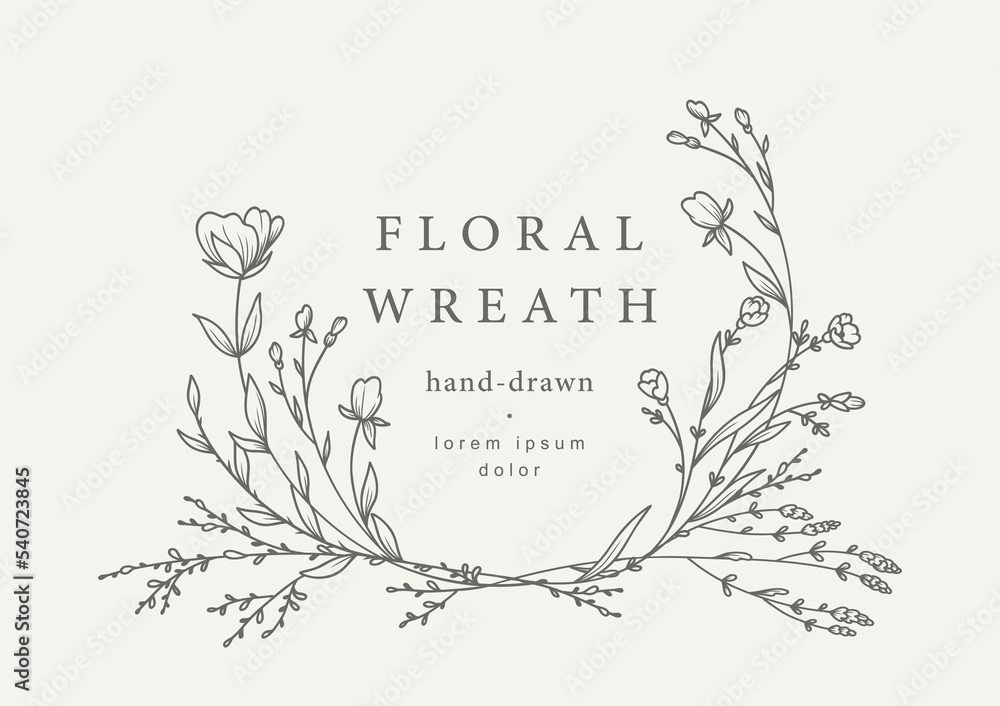 Hand drawn line floral frame. Elegant vintage wreath. Logo template ...