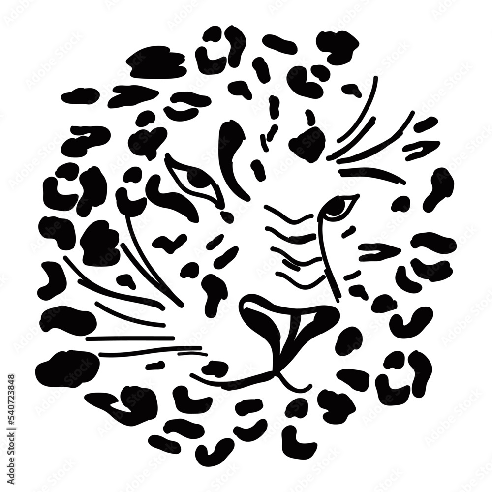 Leopard face and skin patches. Black silhouette of wild animal. Cat
