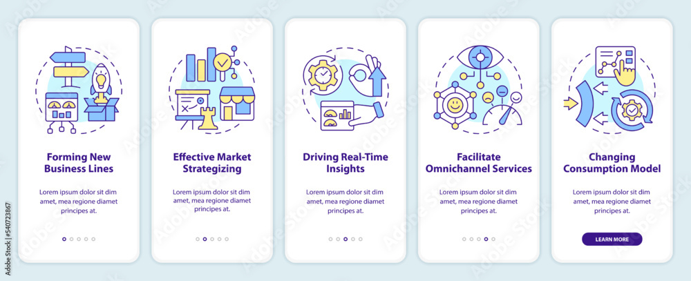 Transforming business ways onboarding mobile app screen. IoT benefits walkthrough 5 steps editable graphic instructions with linear concepts. UI, UX, GUI template. Myriad Pro-Bold, Regular fonts used