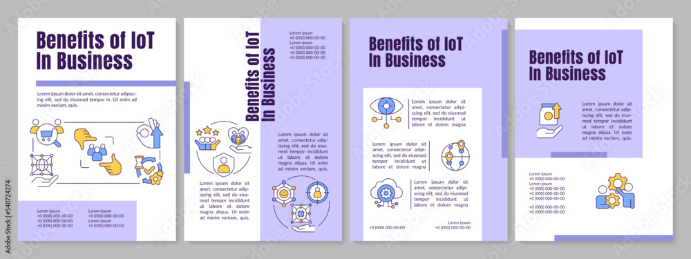 IoT advantages in business purple brochure template. Digital. Leaflet design with linear icons. Editable 4 vector layouts for presentation, annual reports. Anton, Lato-Regular fonts used