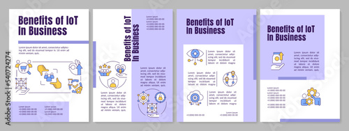 IoT advantages in business purple brochure template. Digital. Leaflet design with linear icons. Editable 4 vector layouts for presentation, annual reports. Anton, Lato-Regular fonts used
