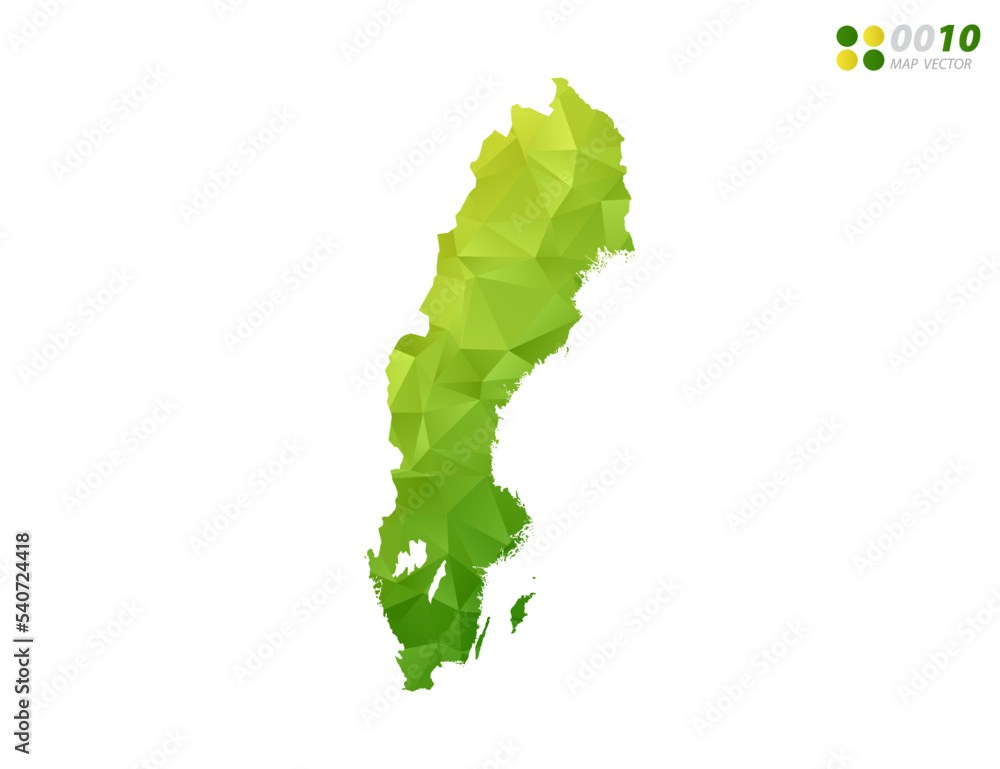 Fototapeta premium Vector Sweden map green and yellow polygon triangle mosaic with white background. style gradient.