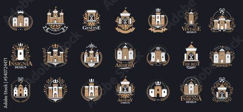 Fotografiet Fortresses emblems vector emblems big set, castles heraldic design elements collection, classic style heraldry architecture symbols, antique forts and citadels