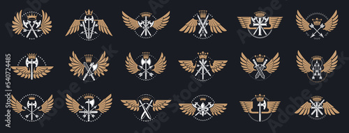 Weapon emblems vector emblems big set, heraldic design elements collection, classic style heraldry armory symbols, antique knives armory arsenal compositions.