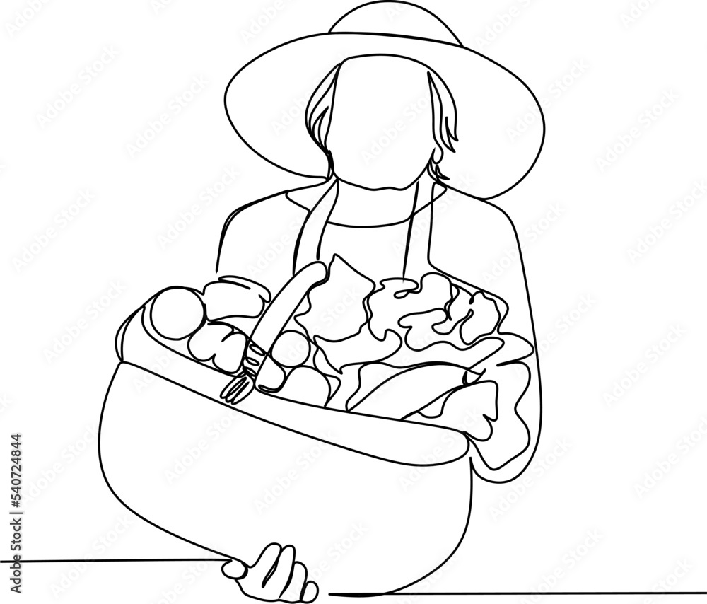 farmer with a basket of fresh vegetables.line drawing farmer with a basket of fresh vegetables.line drawing
