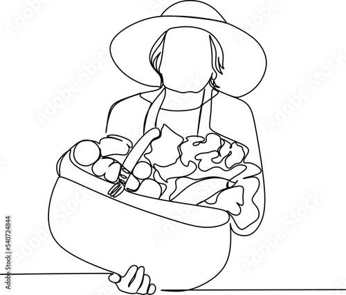 farmer with a basket of fresh vegetables.line drawing