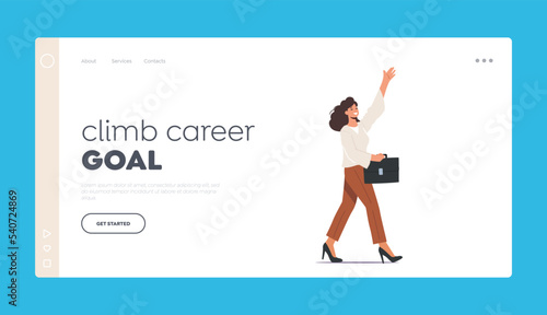 Climb Career Goal Landing Page Template. Happy Female Character Waving Hand. Young Positive Woman in Formal Wear