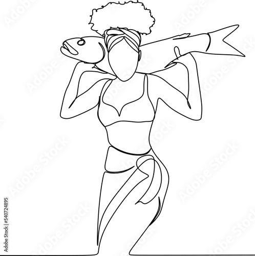 Beautiful woman holding a big fish. Vector illustration. African woman with fish