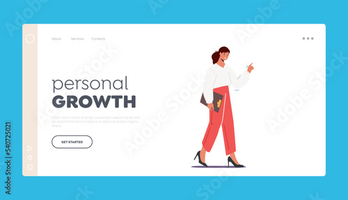 Personal Growth Landing Page Template. Female Character Wear Office Clothes Walk With Pointing Finger and Clipboard
