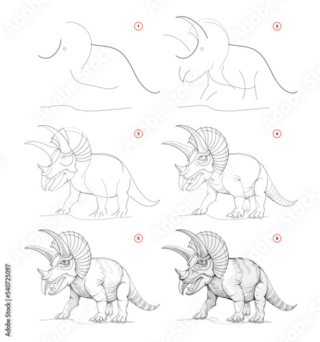 Page shows how to learn to draw sketch of triceratops. Creation step by step pencil drawing. Educational page for artists. Textbook for developing artistic skills. Online education. Vector image. photo