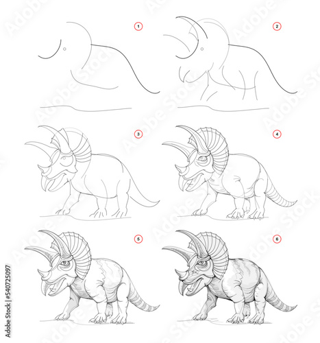 Page shows how to learn to draw sketch of triceratops. Creation step by step pencil drawing. Educational page for artists. Textbook for developing artistic skills. Online education. Vector image.