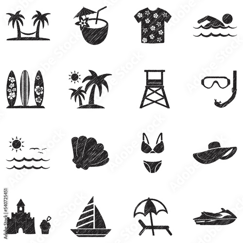 Beach Vacation Icons. Black Scribble Design. Vector Illustration.