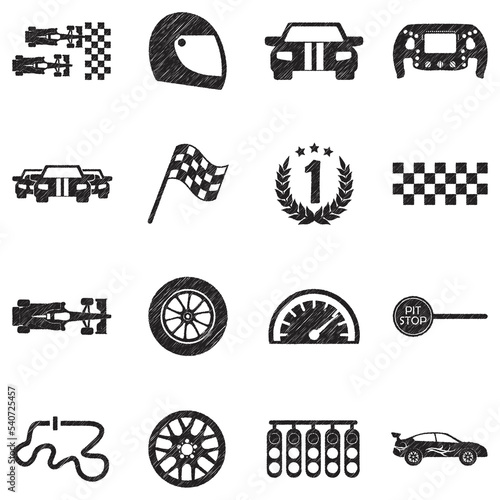 Car Racing Icons. Black Scribble Design. Vector Illustration.