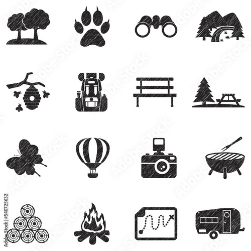 Nature Park Icons. Black Scribble Design. Vector Illustration.
