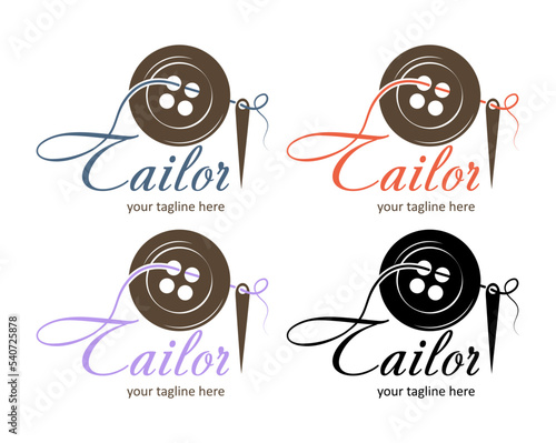 Creative vector tailor logo. Sewing, clothing, needlework and sphere of services. Hand made symbol in trendy line style with lettering. Fashion dress with needle sign.
