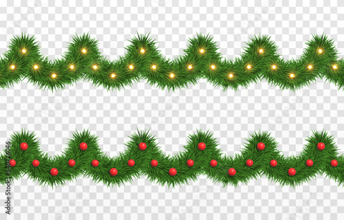 Vector green tinsel png. Christmas tree decorations. Spruce branches png, pine, spruce. Christmas garland, wreath.