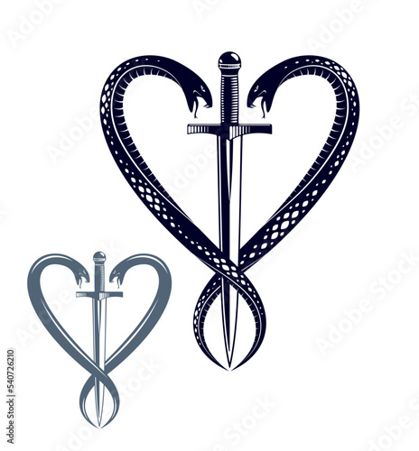 Dagger and two snakes in a shape of heart vector vintage style emblem or logo, chivalry love and honor concept, medieval Victorian style. photo