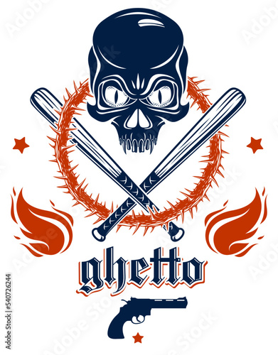 Brutal gangster emblem or logo with aggressive skull baseball bats and other weapons and design elements, vector anarchy crime or terrorism retro style, ghetto revolutionary.