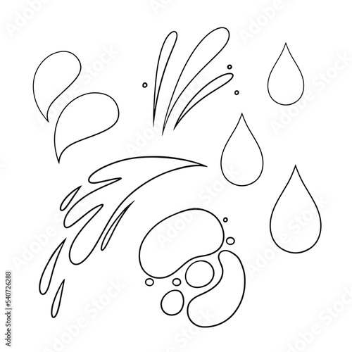 Monochrome set of icons, waves and water drops in cartoon style, various splashes, vector