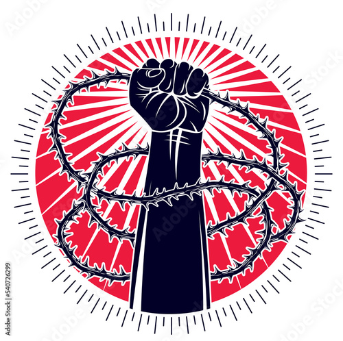 Slavery theme illustration with strong hand clenched fist fighting for freedom against blackthorn thorn, vector logo or tattoo, through the thorns to the stars concept.