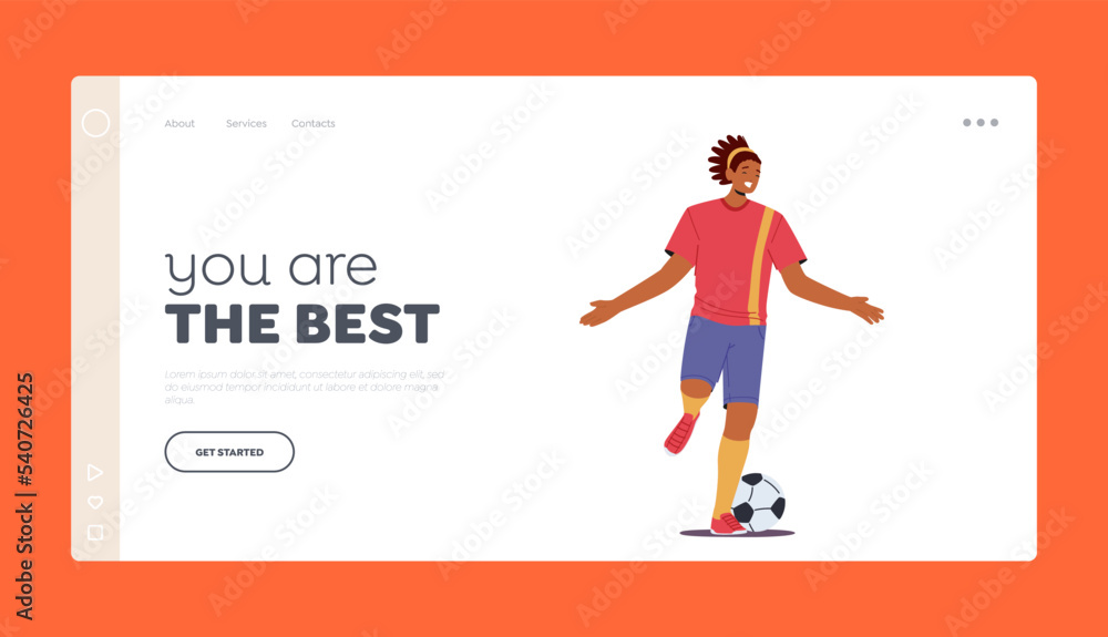 Sport Success Landing Page Template. Happy Black Sportsman Soccer Player Win, Celebrate Victory and Goal, Male Character