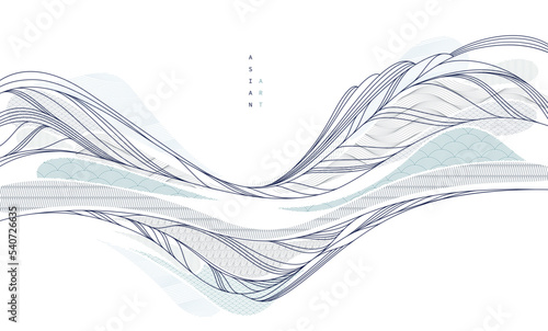 Abstract oriental Japanese art vector background, traditional style design, wavy shapes and mountains terrain landscape, runny like sea lines.