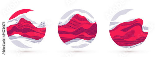 Nature art oriental Japanese style vector abstract backgrounds set in red color in a shape of circle, runny like water shapes and lines with textures.