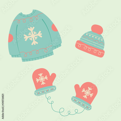 illustration of a sweater, hat, and mittens in a flat style. winter outerwear set vector