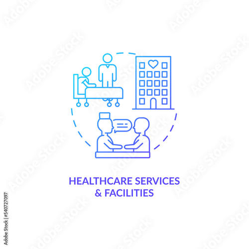 Healthcare providers and facilities blue gradient concept icon. Health services. Medical institutions abstract idea thin line illustration. Isolated outline drawing. Myriad Pro-Bold font used