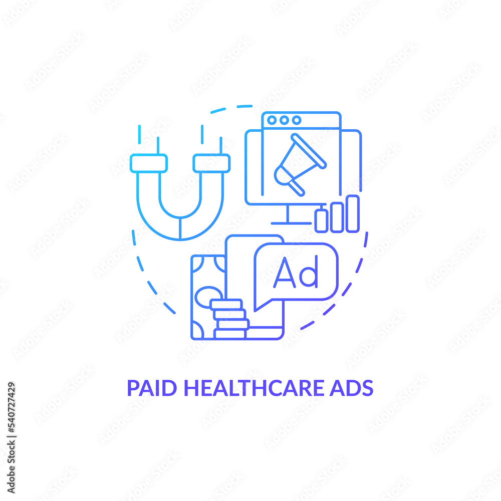 Healthcare ad campaign blue gradient concept icon. Hospital advertising. Medical marketing strategy abstract idea thin line illustration. Isolated outline drawing. Myriad Pro-Bold font used