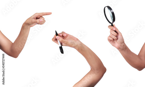 hands pointing, holding pen, holding magnifying glass on transparent background