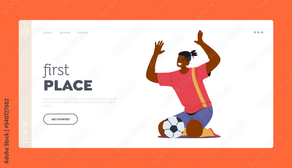 Football First Place Landing Page Template. Black Sportsman Soccer Player Celebrating Win After Goal, Male Character
