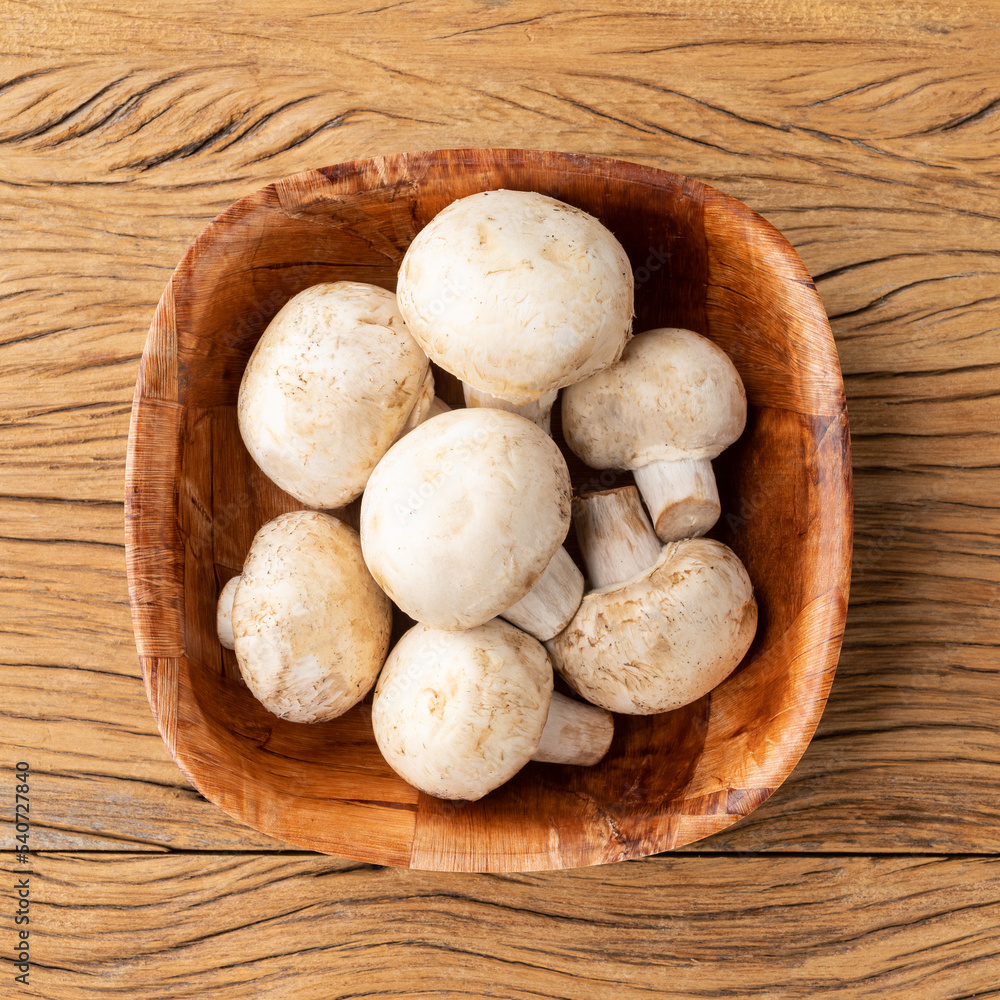 Paris mushrooms in a bowl over wooden table Paris mushrooms in a bowl over wooden table