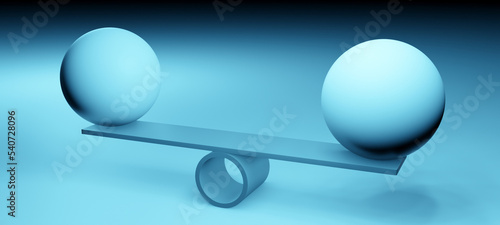 Finding balance, equality or stability concept with libra, scale, balls or globes in realistic blue studio interior, 3D rendering illustration © MikeCS images
