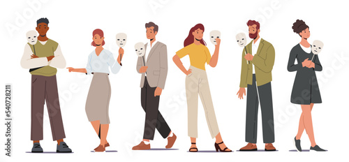 Set of Male and Female Characters Hiding Faces Behind Social Masks With Fake Positive or Indifferent Emotions