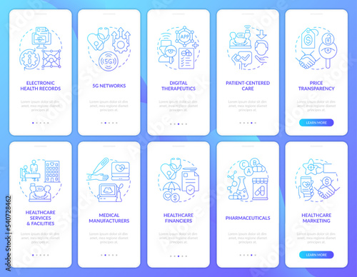 Medical sector trends blue gradient onboarding mobile app screen set. Walkthrough 5 steps graphic instructions with linear concepts. UI, UX, GUI template. Myriad Pro-Bold, Regular fonts used