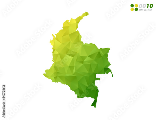 Vector Colombia map green and yellow polygon triangle mosaic with white background. style gradient.