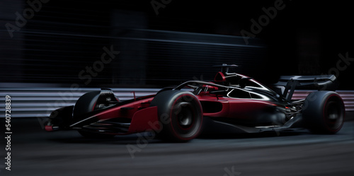 Modern generic sports racing car driving fast on a track with bright lights. Realistic 3d rendering