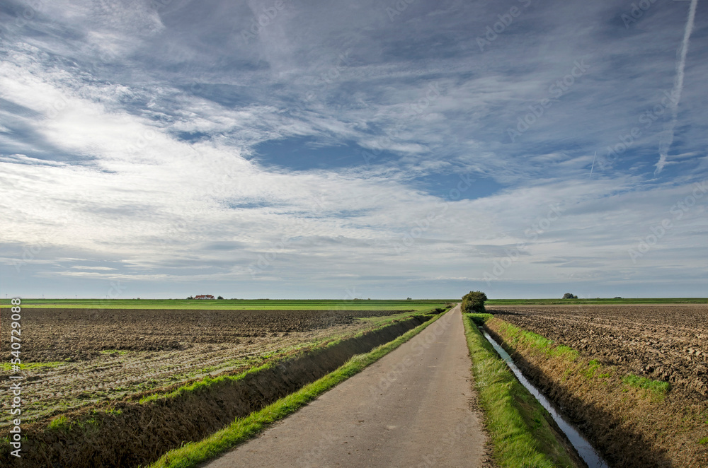 long straight and narrow asphalt road between plowed fields ending at the dike around Hoeksche Waard island in the Netherlands long straight and narrow asphalt road between plowed fields ending at the dike around Hoeksche Waard island in the Netherlands