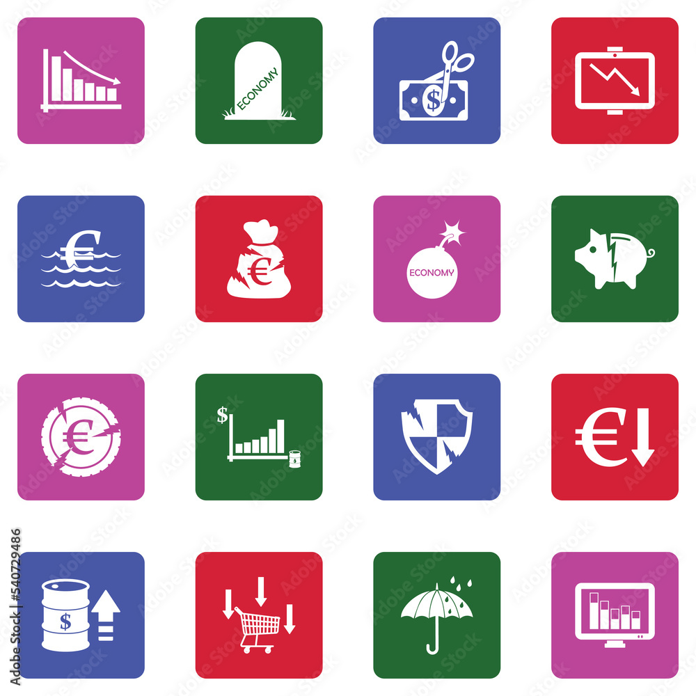 Recession Icons. White Flat Design In Square. Vector Illustration. Recession Icons. White Flat Design In Square. Vector Illustration.