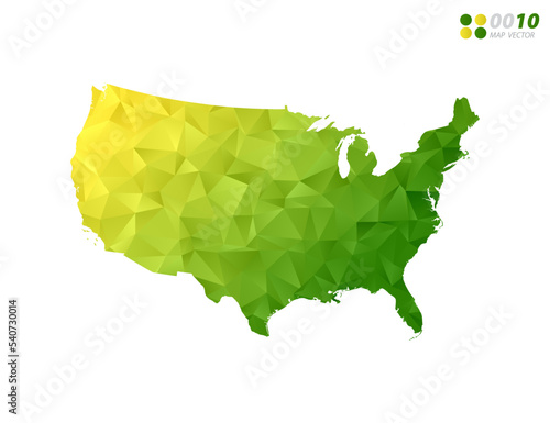 Vector United States of America (USA) map green and yellow polygon triangle mosaic with white background. style gradient.