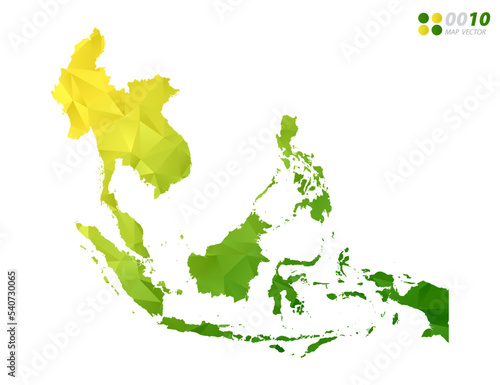 Vector Southeast Asia map green and yellow polygon triangle mosaic with white background. style gradient.