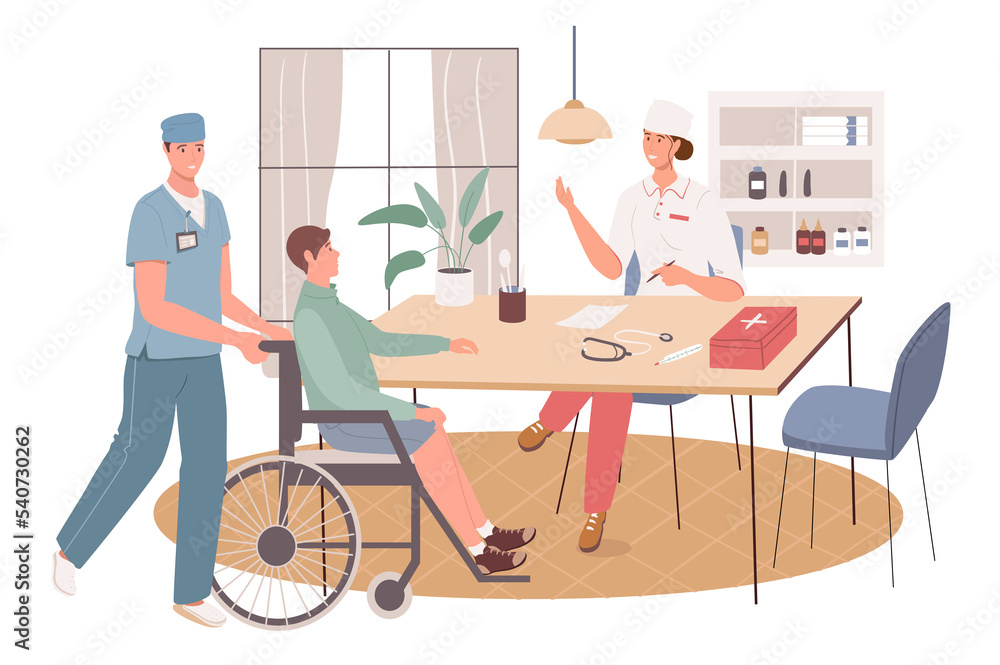 Medical office web concept. Disabled person at doctor appointment. Nurse helping handicapped person. Treatment, rehabilitation. People scenes template. Illustration of characters in flat design