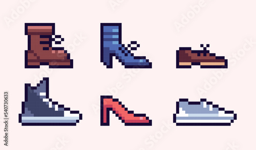 Different shoes pixel art set. Male, female footwear, boots collection. 8 bit sprite. Game development, mobile app.  Isolated vector illustration.